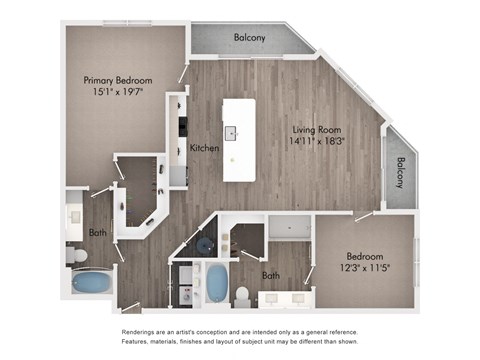 Floor plan for 2 beds, 2 baths, 1225 sqft